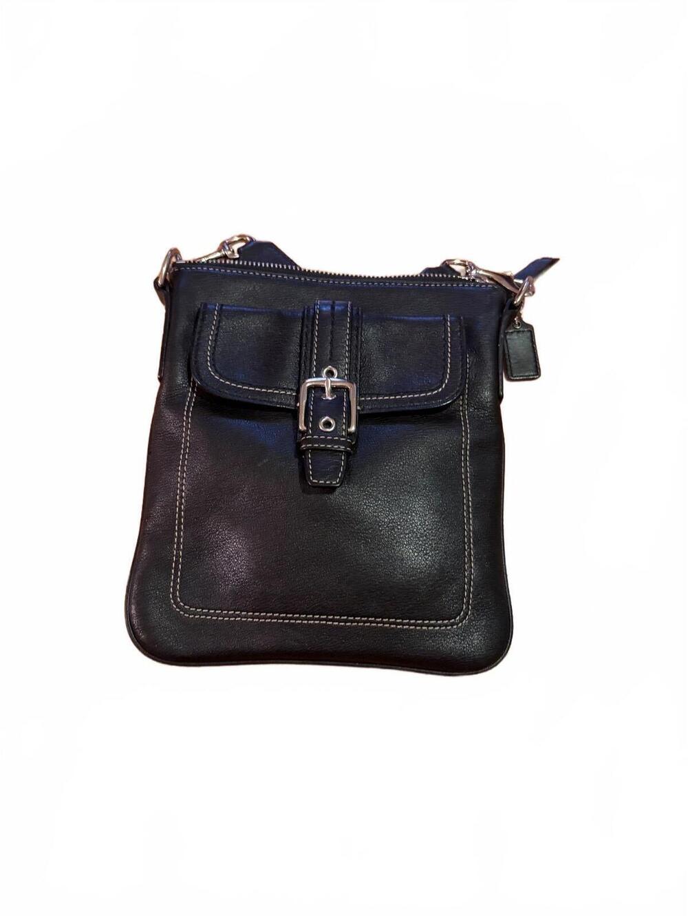 Coach Black Leather Crossbody Bag with Front Buckle Pocket